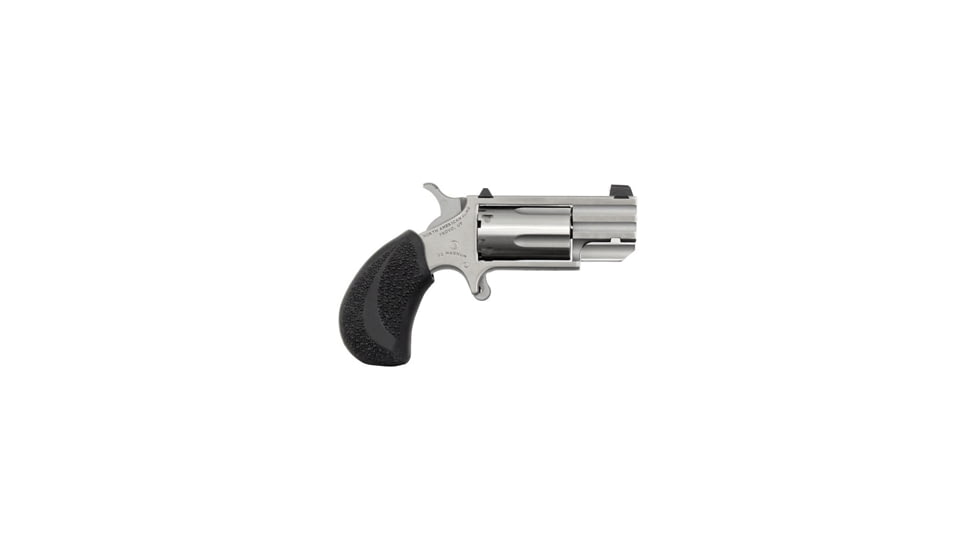 North American Arms Pug Revolver, .22 Winchester Magnum Rimfire, 1 in barrel, stainless steel frame, black rubber grip, revolving chamber, single-action, no manual safety, tritium bar-dot, 5 round magazine, NAA-PUG-FRRMPG
