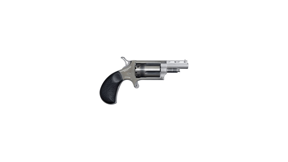 North American Arms Wasp Revolver, .22 Winchester Magnum Rimfire, 1.625 in barrel, stainless steel frame, black rubber grip, revolving chamber, single-action, no manual safety, fixed blade and notch, 5 round magazine, NAA-WASP-2-FRRMPG