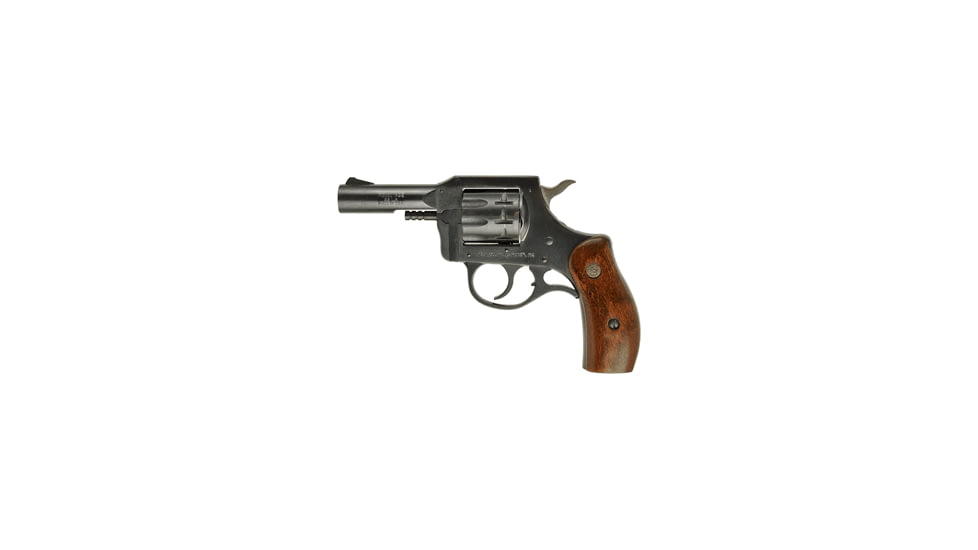 New England Firearms R92 Revolver, .22 Long Rifle, 3 in barrel, blued steel frame, smooth walnut grip, revolving chamber, double-action, transfer bar, fixed blade and notch, 9 round magazine, NEF-R92-2-FRRMPG