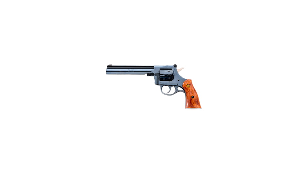New England Firearms R92-Ultra Revolver, .22 Long Rifle, 6 in barrel, blued steel frame, smooth walnut grip, revolving chamber, double-action, transfer bar, fixed front, adjustable rear, 9 round magazine, NEF-R92-UTA-2-FRRMPG