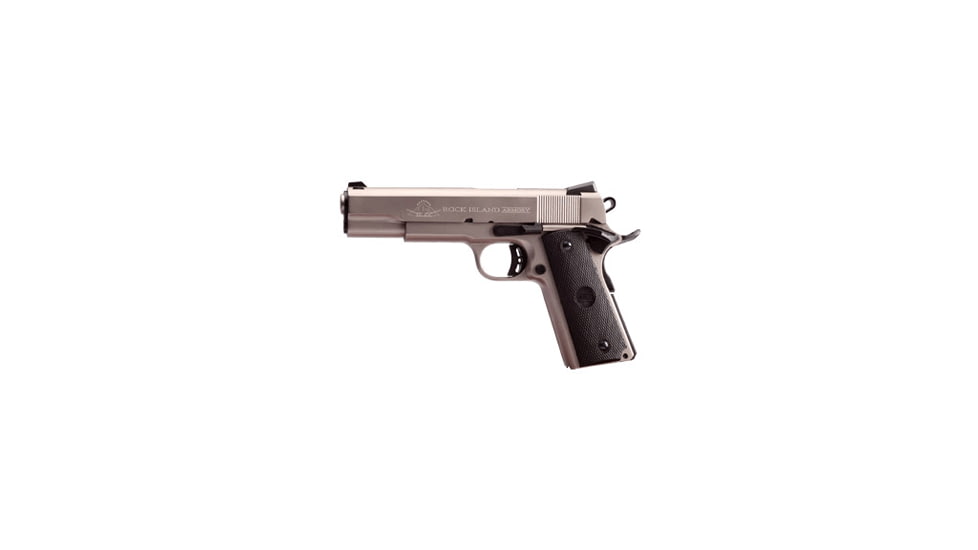 Rock Island Armory 1911-Matte-Nickel-Tactical-FS Pistol, .45 ACP, 5 in barrel, nickel finish steel frame, checkered polymer grip, recoil operated semi-automatic, single-action, low profile, 8 round magazine, RIA1911MTNKTCTLFS-FRRMPG