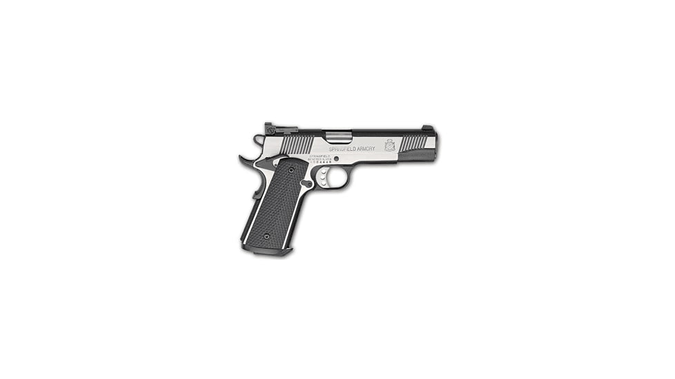 Springfield Armory 1911-A1-Loaded-Target Pistol, .45 ACP, 5 in barrel, stainless steel frame, checkered black polymer grip, recoil operated semi-automatic, single-action, adjustable Bo Mar 3-dot tritium, 7 round magazine, SA1911A1LDTG-FRRMPG