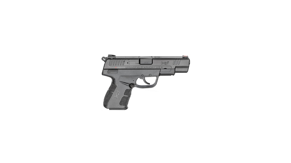 Springfield Armory XD-E Pistol, 9mm Luger, 4.5 in barrel, black polymer frame, integrated polymer grip, recoil operated semi-automatic, double-action, frame mounted ambi decock/safety, fiber-optic front, 2-dot rear, 8 round magazine, SAXDE4-FRRMPG
