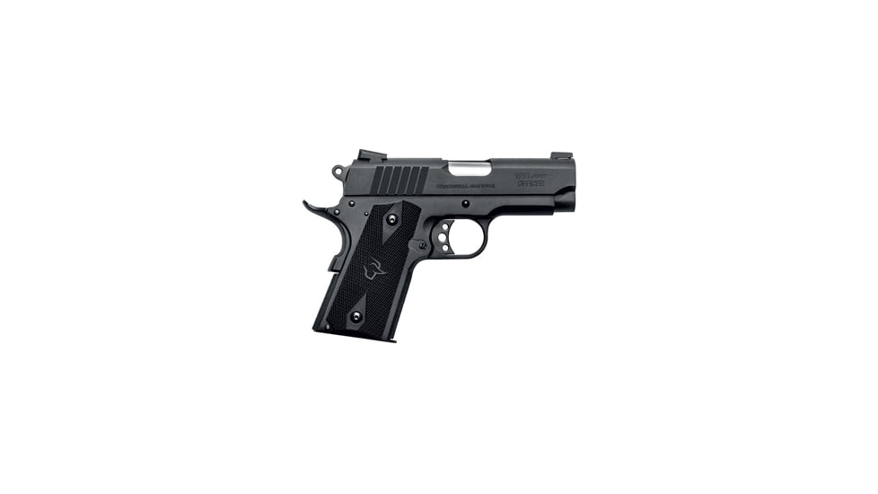 Taurus 1911-Officer Pistol, .45 ACP, 3.5 in barrel, matte black finish steel frame, checkered black grip, recoil operated semi-automatic, single-action, grip safety, manual thumb safety, Novak, 6 round magazine, TRS-1911-OFFICER-FRRMPG