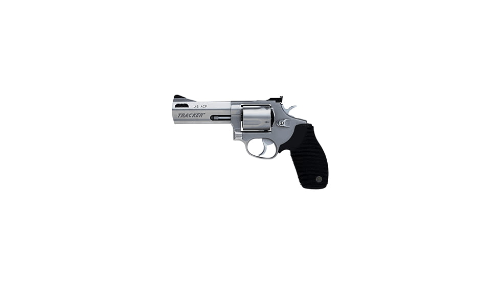 Taurus 455-Tracker Revolver, .45 ACP, 4 in barrel, stainless steel frame, black ribbed rubber grip, revolving chamber, double-action, trigger actuated transfer bar, fixed front, adjustable rear, 5 round magazine, TRS-455-TRK-2-FRRMPG
