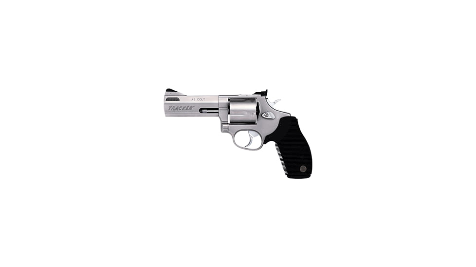 Taurus 460-Tracker Revolver, .45 Colt, 4 in barrel, stainless steel frame, black ribbed rubber grip, revolving chamber, double-action, trigger actuated transfer bar, fixed front, adjustable rear, 5 round magazine, TRS-460-TRK-FRRMPG