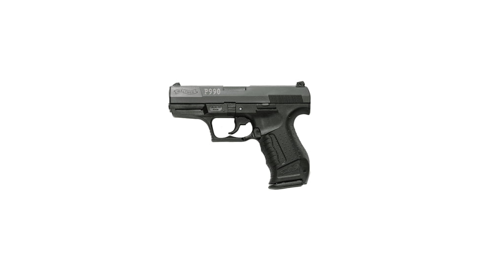 Walther P990 Pistol, 9mm Luger, 4 in barrel, black polymer frame, integrated polymer grip, recoil operated semi-automatic, double-action only, striker, trigger safety, white 3-dot adjustable, 16 round magazine, WA-P990-2-FRRMPG