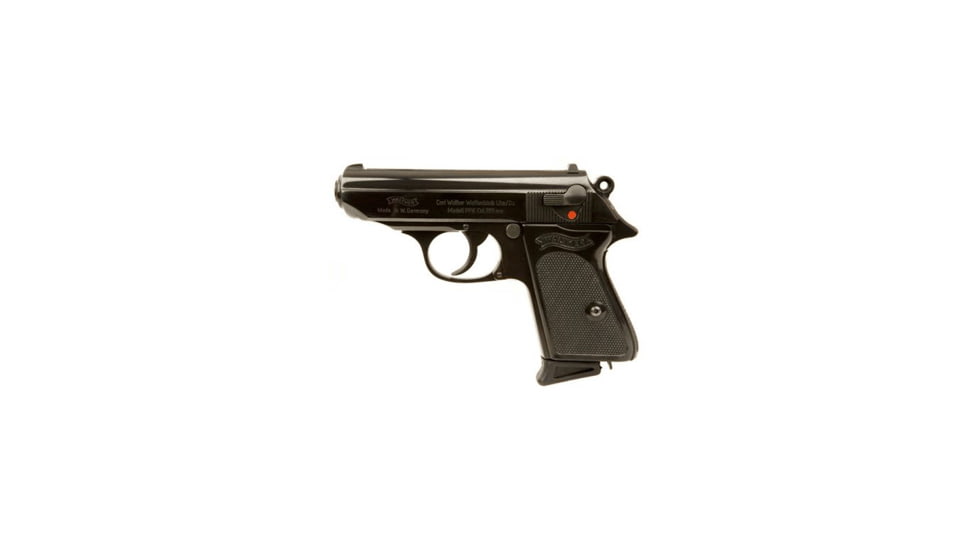 Walther PPK Pistol, .32 ACP, 3.25 in barrel, blued finish steel frame, black plastic grip, blowback operated semi-auto, double-action, slide mounted decock lever, fixed blade and notch, 7 round magazine, WA-PPK-2-FRRMPG