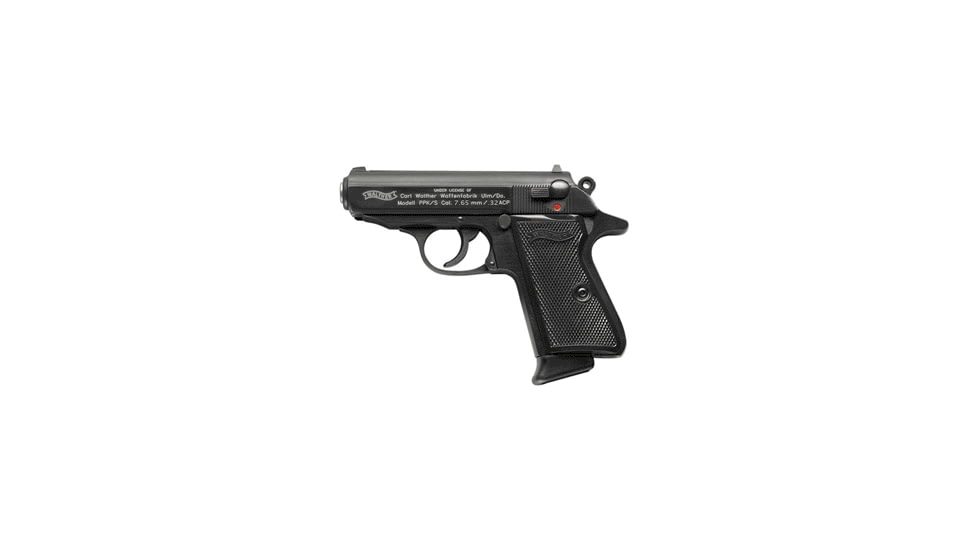 Walther PPK-S Pistol, .32 ACP, 3.35 in barrel, blued finish steel frame, black plastic grip, blowback operated semi-auto, double-action, slide mounted decock lever, red dot front, red line rear, 8 round magazine, WA-PPK/S-FRRMPG