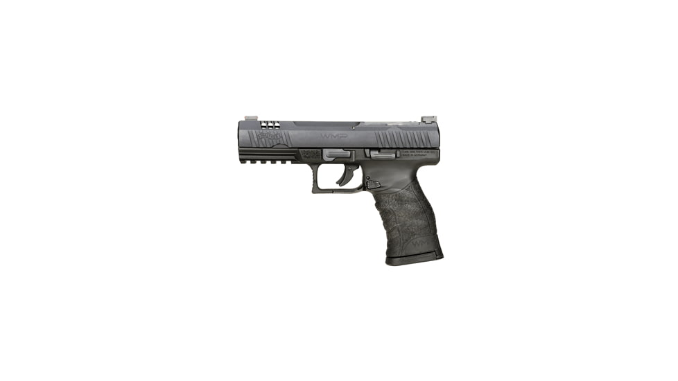 Walther WMP Pistol, .22 Winchester Magnum Rimfire, 4.5 in barrel, black polymer frame, integrated polymer grip, blowback operated semi-auto, striker double-action, fiber-optic front, black notch rear, 15 round magazine, WA-WMP-FRRMPG