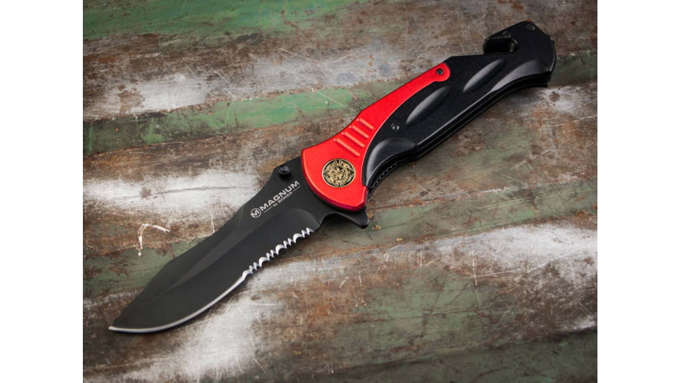 Boker Fire Chief Folding Knife, 4.53in, 440A, Serrated Blade, Aluminum Black Handle, 01LL313