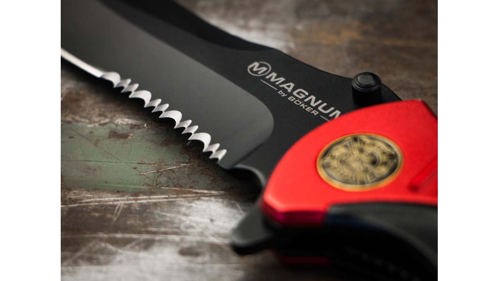 Boker Fire Chief Folding Knife, 4.53in, 440A, Serrated Blade, Aluminum Black Handle, 01LL313
