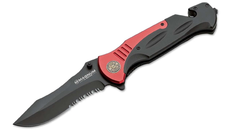 Boker Fire Chief Folding Knife, 4.53in, 440A, Serrated Blade, Aluminum Black Handle, 01LL313