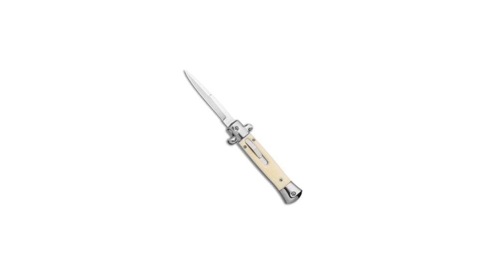 Mago Mago 9" Sim Ivory Italian Stiletto OTF Auto Knife Satin Bolsters Satin Bayo, Yellow, Stainless Steel, adult, BHQ-134270