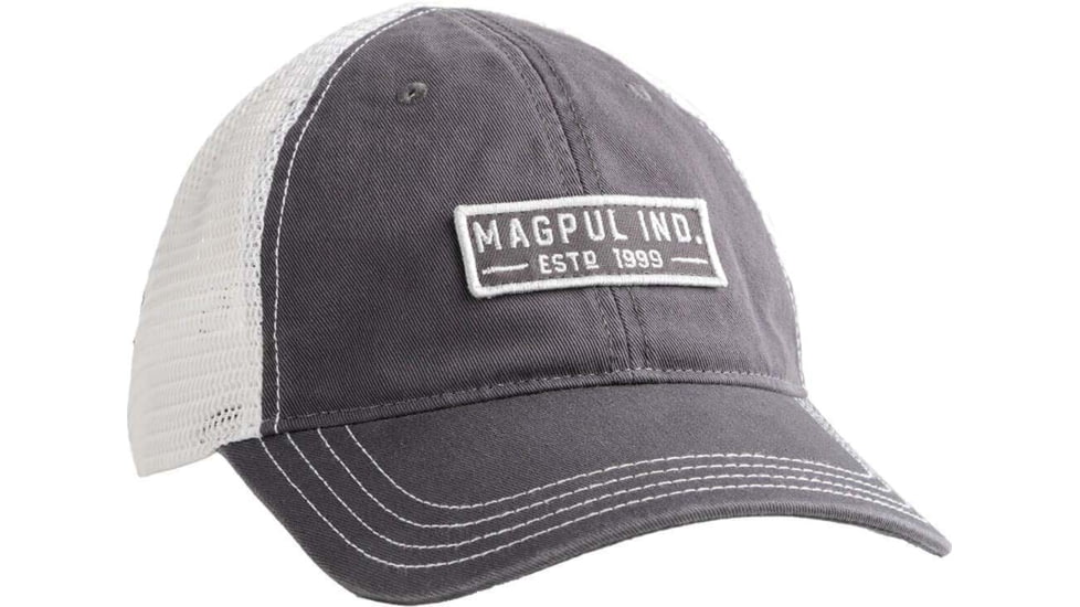 Magpul Industries Established Garment Washed Trucker Hat w/Embroidered Patch - Mens, Charcoal/White, One Size, MAG1260016