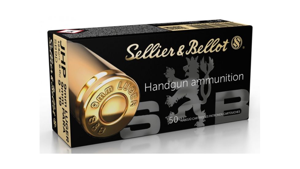Sellier &amp; Bellot 9mm Luger 124 Grain Jacketed Hollow Point Pistol Ammo, 50 Rounds, SB9D