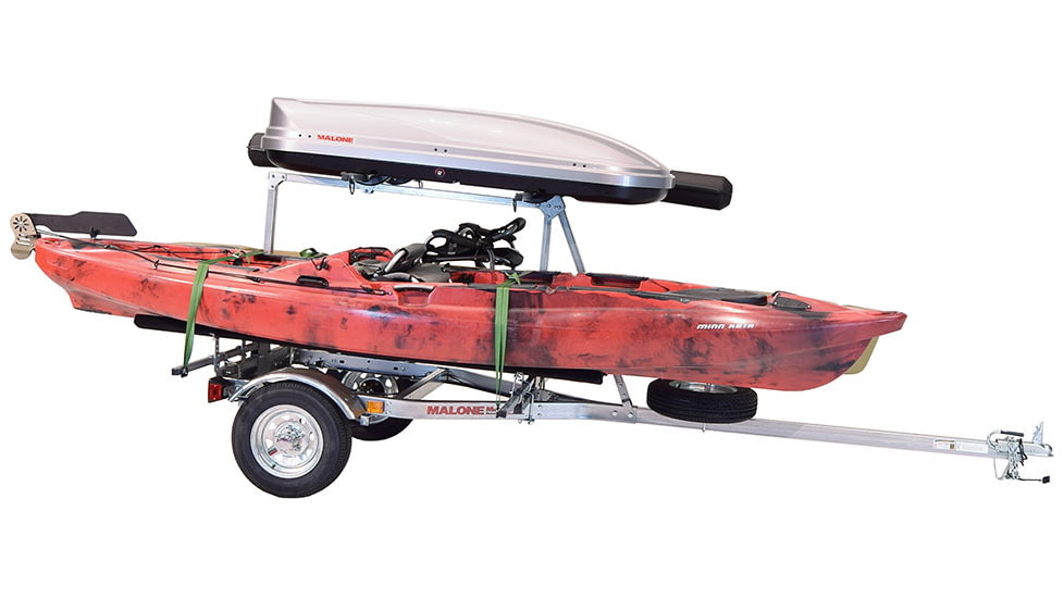 Malone Auto Racks MicroSport LowBed 2 Kayak Trailer Package, 2 Sets Bunks, Cargo Box, Rod Tube, Spare Tire, MPG464-LBTB