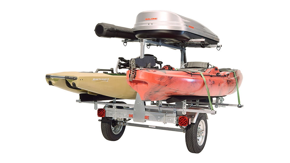 Malone Auto Racks MicroSport LowBed 2 Kayak Trailer Package, 2 Sets Bunks, Cargo Box, Rod Tube, Spare Tire, MPG464-LBTB