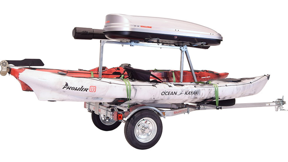 Malone Auto Racks MicroSport LowBed 2 Kayak Trailer Package, 2 Sets MegaWing, Cargo Box, Rod Tube, Spare Tire, MPG464-LBTM