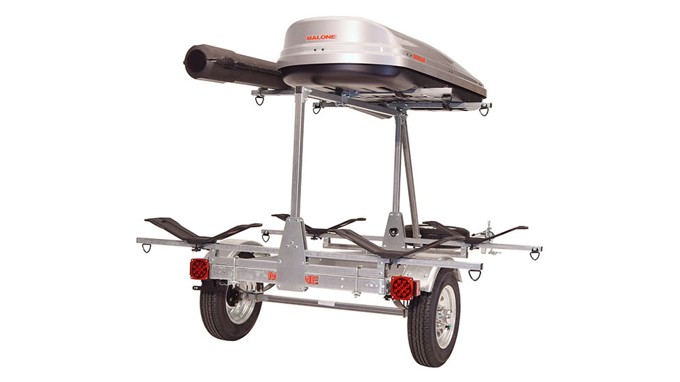 Malone Auto Racks MicroSport LowBed 2 Kayak Trailer Package, 2 Sets MegaWing, Cargo Box, Rod Tube, Spare Tire, MPG464-LBTM