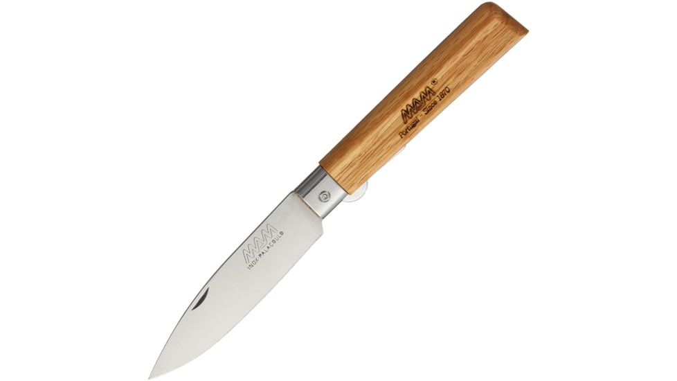 MAM Linerlock Drop Point Oak Folding Knife, 3in Satin SS Drop Point, Oak Handle, SS Bolster, 2036OAKSILVERRING-BOX