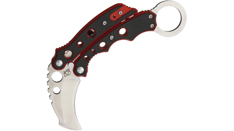 Mantis Vuja De Karambit Red Folding Knife, 2in M-Vx SS Hawkbill Blade With Dual Thumb Studs, Balisong Style Black/Red G-10 Handles, MK4R