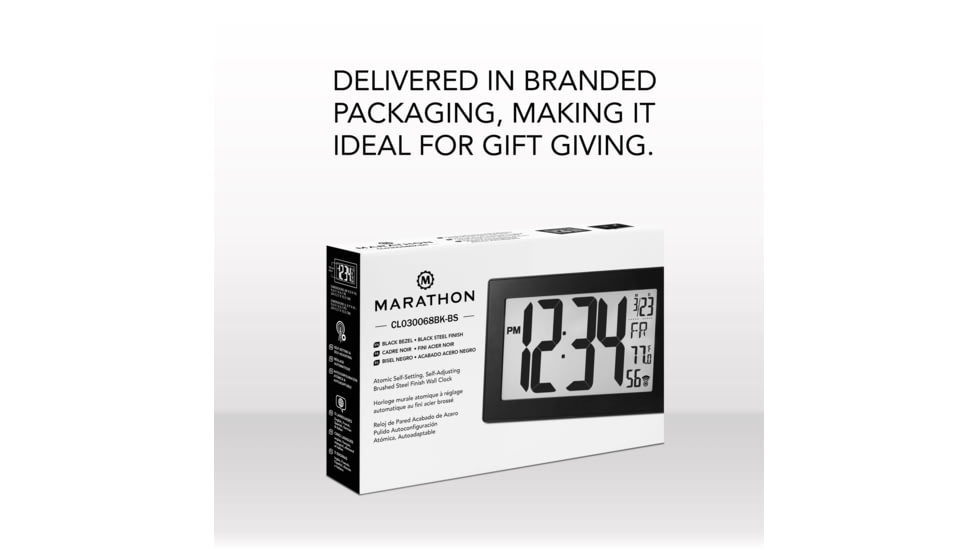 Marathon Atomic Digital Wall Clock, Black/Brush Steel, 9.5in x 1in x 6in, CL030068-BK-BS-NA