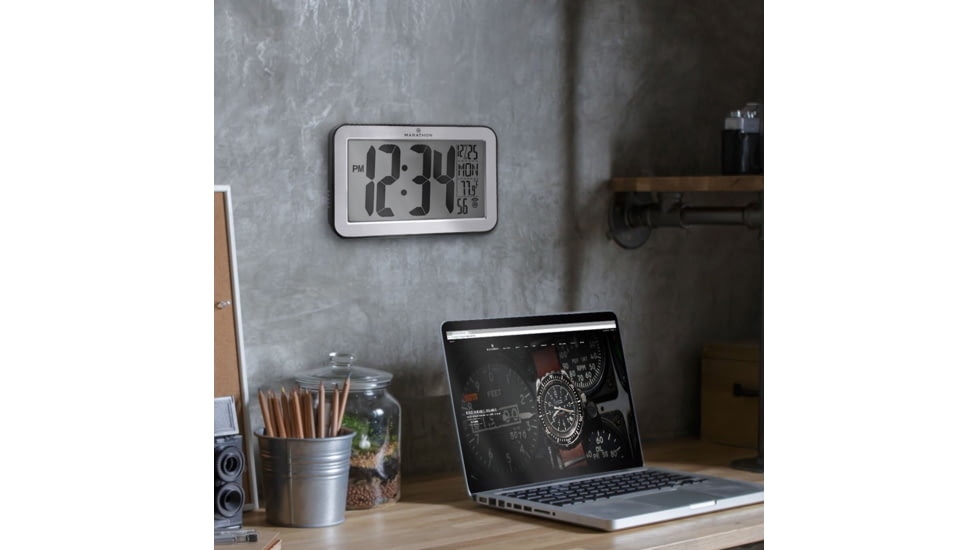 Marathon Atomic Wall Clock w/8 Time Zones and Stand, Silver, CL030033-SV-BK-NA