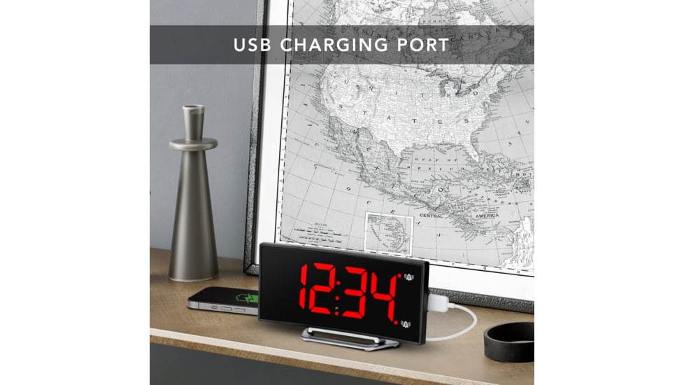 Marathon Digital Dual Alarm Clock with Two USB Chargers, Black, 9 x 1 x 3in, CL030070-BK-RD-NA