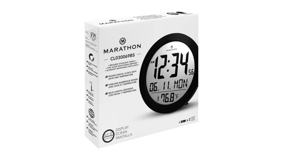 Marathon Digital Round Wall Clock, Black, 9in x 1in x 9in, CL030069-BS-00-NA
