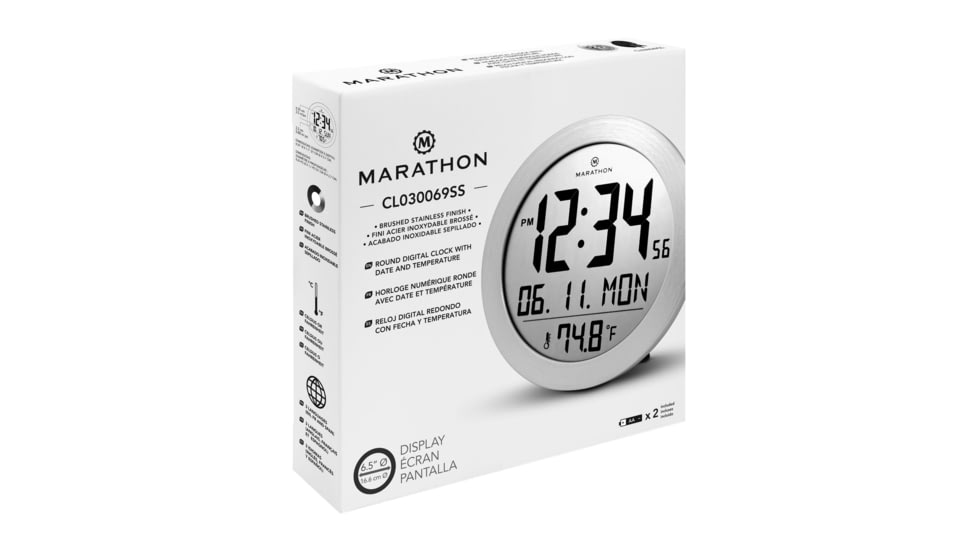 Marathon Digital Round Wall Clock, Stainless Steel, 9in x 1in x 9in, CL030069-SS-00-NA