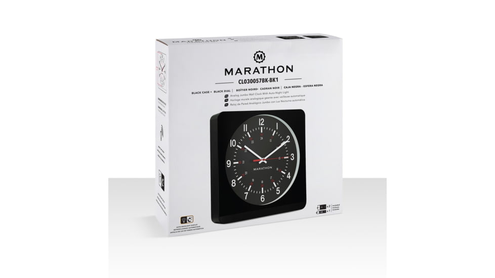 Marathon Jumbo Analog Wall Clock w/Auto-Night Light, Black, CL030057-BK-BK-NA