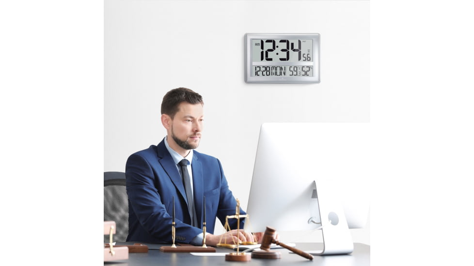 Marathon Jumbo Atomic Wall Clock w/Table Stand, Silver, CL030056-SV-00-NA