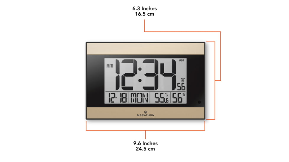 Marathon Large Atomic Wall Clock w/ Calendar and Temperature, Black/Gold, 9.7in x 2in x 6.3in, CL030052BK-GD