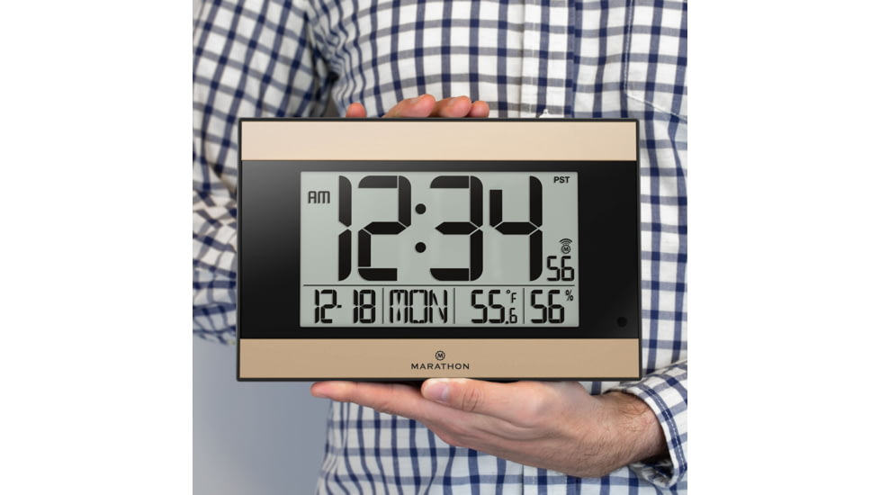 Marathon Large Atomic Wall Clock w/ Calendar and Temperature, Black/Gold, 9.7in x 2in x 6.3in, CL030052BK-GD