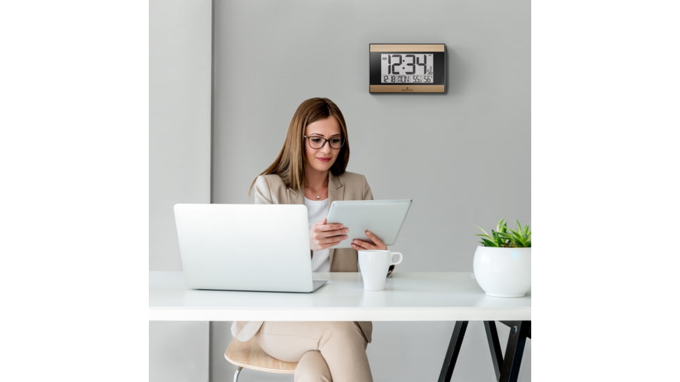 Marathon Large Atomic Wall Clock w/ Calendar and Temperature, Black/Gold, 9.7in x 2in x 6.3in, CL030052BK-GD