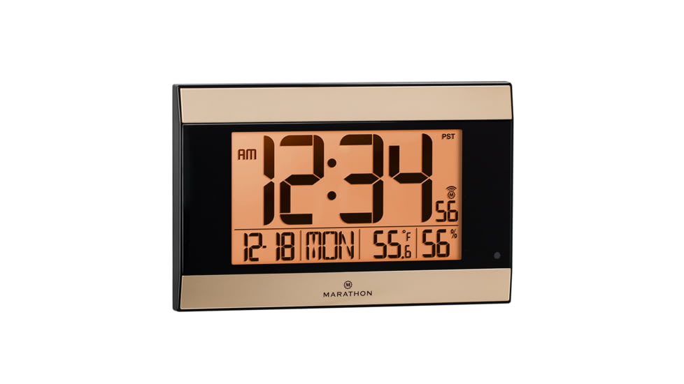 Marathon Large Atomic Wall Clock w/ Calendar and Temperature, Black/Gold, 9.7in x 2in x 6.3in, CL030052BK-GD