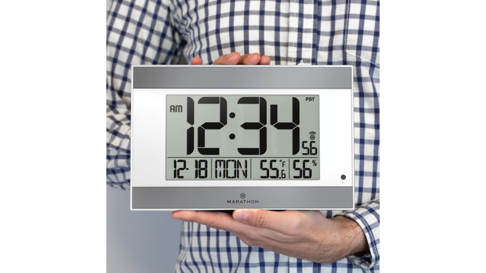 Marathon Large Atomic Wall Clock w/ Calendar and Temperature, White/Silver, 9.7in x 2in x 6.3in, CL030052WH-SV