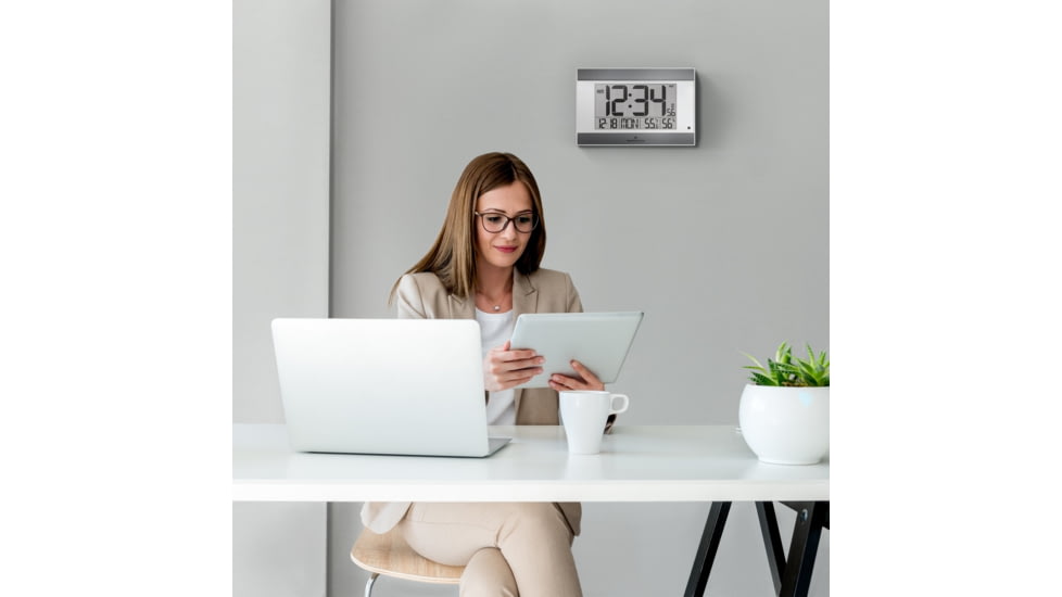 Marathon Large Atomic Wall Clock w/ Calendar and Temperature, White/Silver, 9.7in x 2in x 6.3in, CL030052WH-SV