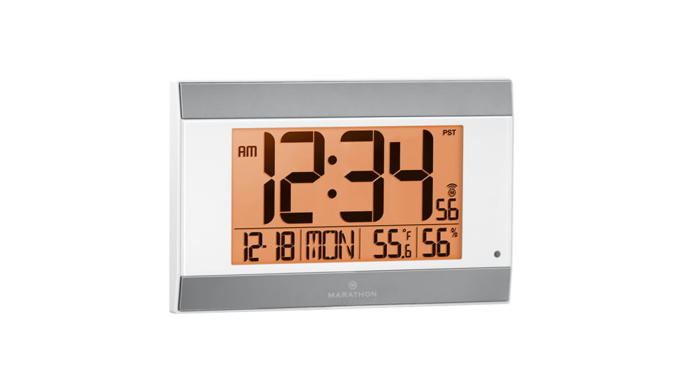 Marathon Large Atomic Wall Clock w/ Calendar and Temperature, White/Silver, 9.7in x 2in x 6.3in, CL030052WH-SV