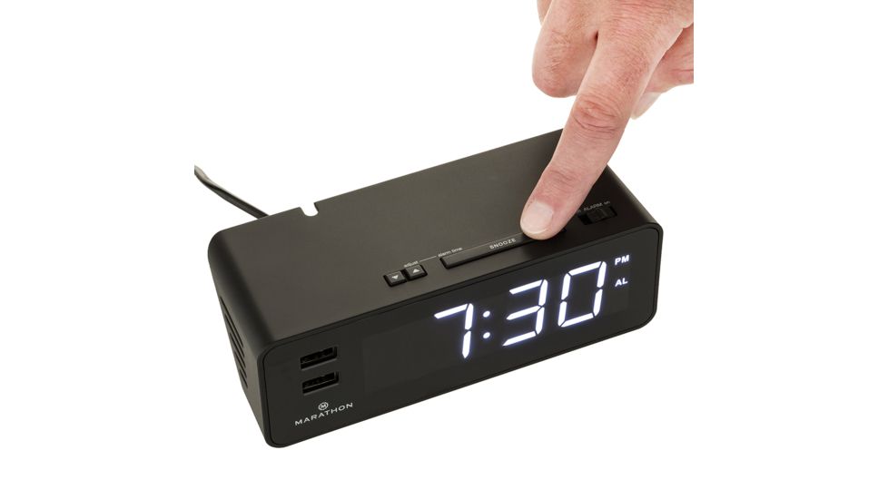Marathon LED Alarm Clock w/Two USB Ports, Black CL030055BK