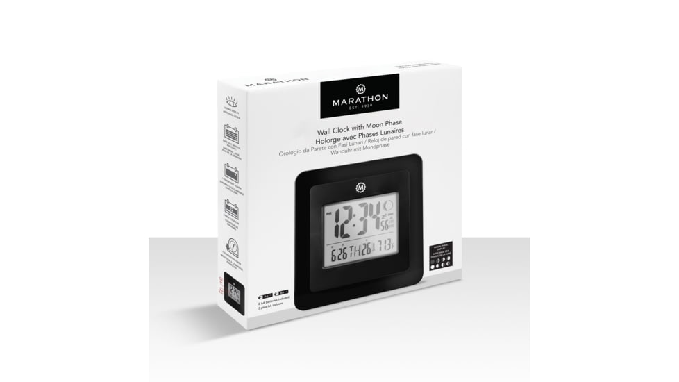 Marathon Moon Phase Digital Wall Clock, Black, CL030049-BK-00-NA