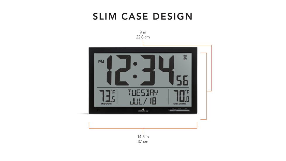 Marathon Slim Atomic Full Calendar Wall Clock w/ Indoor/Outdoor Temperature, Black, 14.6in x 1.2in x 9in, CL030066-BK-FD-NA