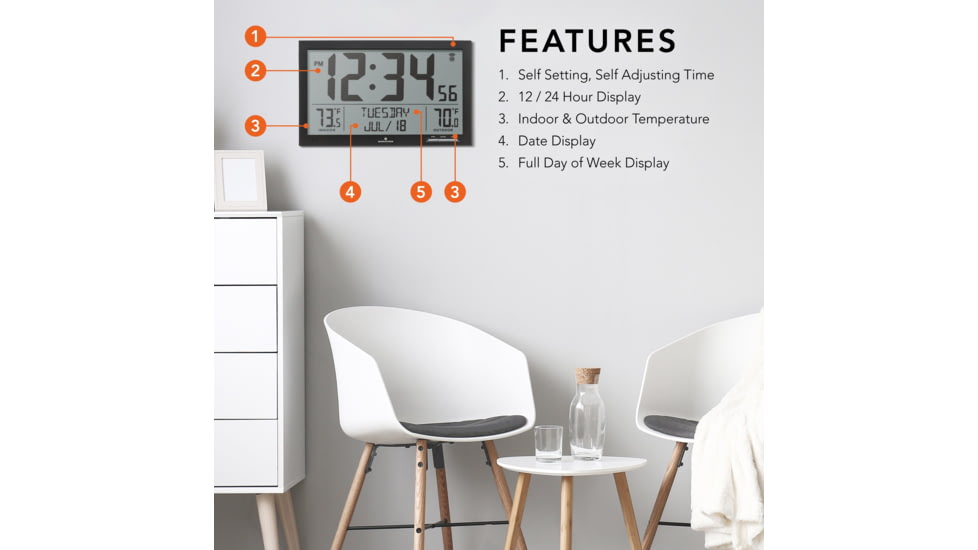 Marathon Slim Atomic Full Calendar Wall Clock w/ Indoor/Outdoor Temperature, Black, 14.6in x 1.2in x 9in, CL030066-BK-FD-NA