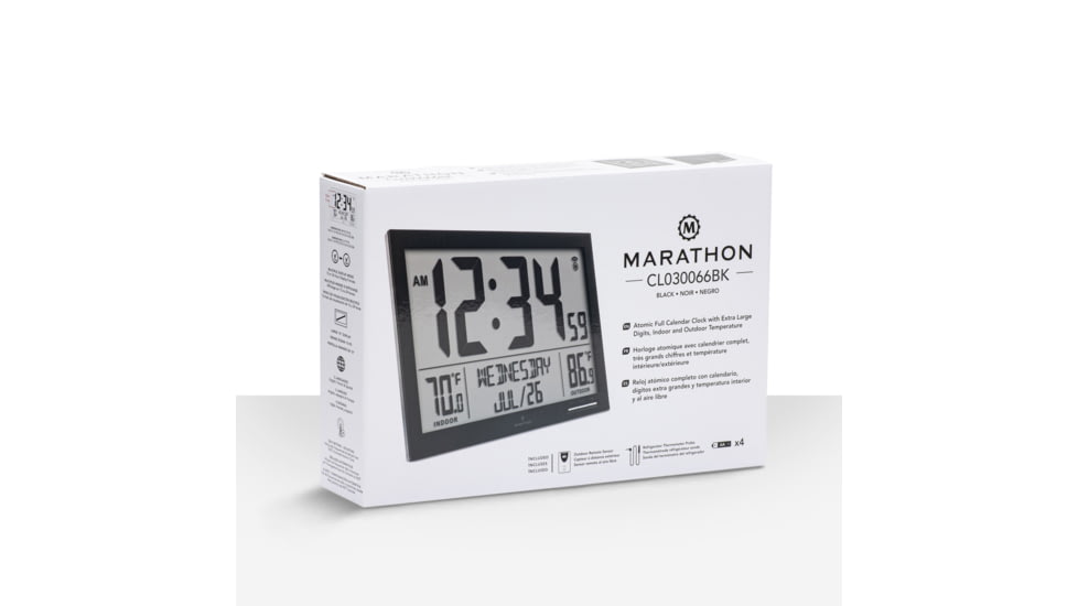 Marathon Slim Atomic Full Calendar Wall Clock w/ Indoor/Outdoor Temperature, Black, 14.6in x 1.2in x 9in, CL030066-BK-FD-NA