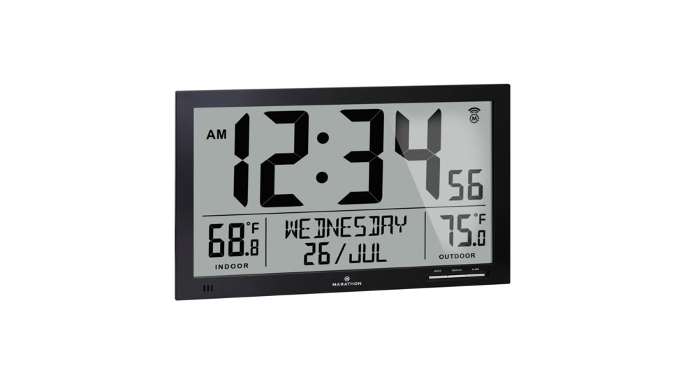 Marathon Slim Atomic Full Calendar Wall Clock w/ Indoor/Outdoor Temperature, Black, 14.6in x 1.2in x 9in, CL030066-BK-FD-NA
