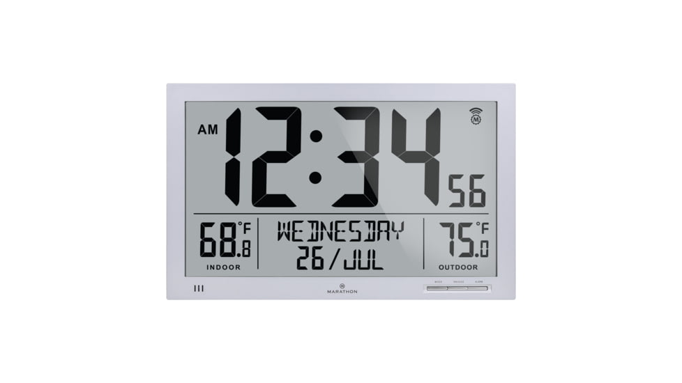 Marathon Slim Atomic Full Calendar Wall Clock w/ Indoor/Outdoor Temperature, Graphite Grey, 14.6in x 1.2in x 9in, CL030066-GG-FD-NA