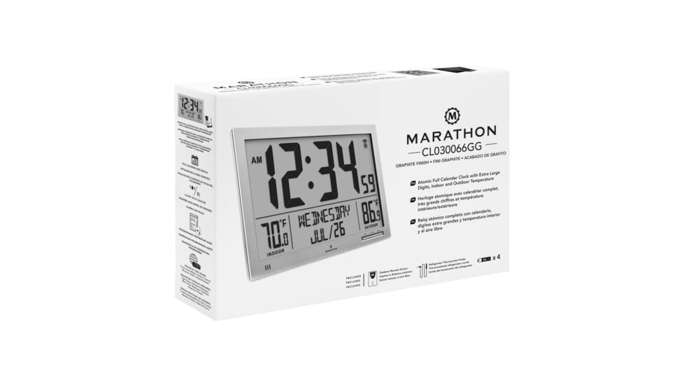 Marathon Slim Atomic Full Calendar Wall Clock w/ Indoor/Outdoor Temperature, Graphite Grey, 14.6in x 1.2in x 9in, CL030066-GG-FD-NA