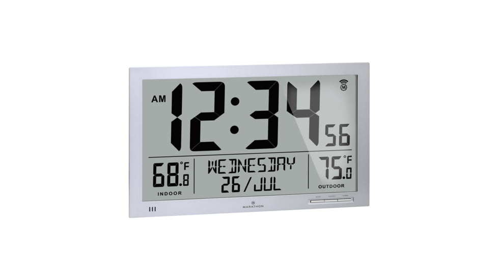 Marathon Slim Atomic Full Calendar Wall Clock w/ Indoor/Outdoor Temperature, Graphite Grey, 14.6in x 1.2in x 9in, CL030066-GG-FD-NA
