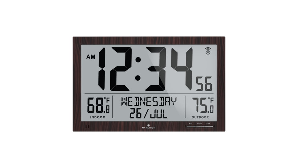 Marathon Slim Atomic Full Calendar Wall Clock w/ Indoor/Outdoor Temperature, Wood, 14.6in x 1.2in x 9in, CL030066-WD-FD-NA